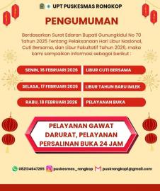 Puskesmas Rongkop Umumkan Jadwal Libur Imlek 2026, Layanan Gawat Darurat Tetap Buka 24 Jam