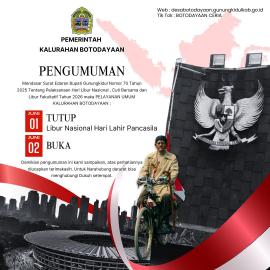 Pelayanan Kantor Botodayaan tutup di Hari Lahir Pancasila